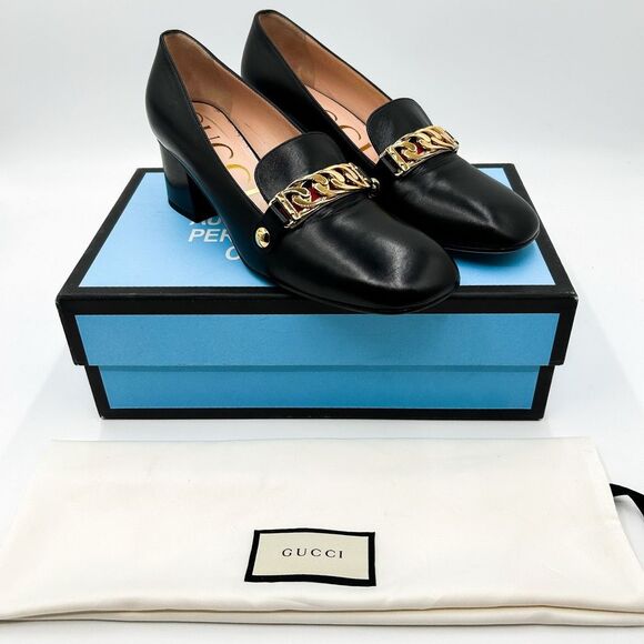 Gucci Shoes - Gucci Heels Sylvie Pumps Black Loafers 55 Block Web Heel Chain 39.5, US 9.5